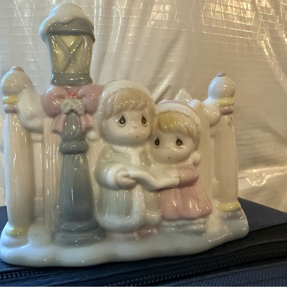 Porcelain Winter Carolers Figurine - Pastel Pink & Gray